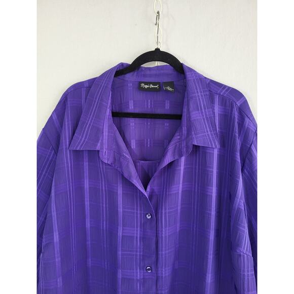 Maggie Barnes Purple Plaid Button Front Blouse 5X 3/4 Sleeve Tank Inset Top Work - Picture 2 of 10